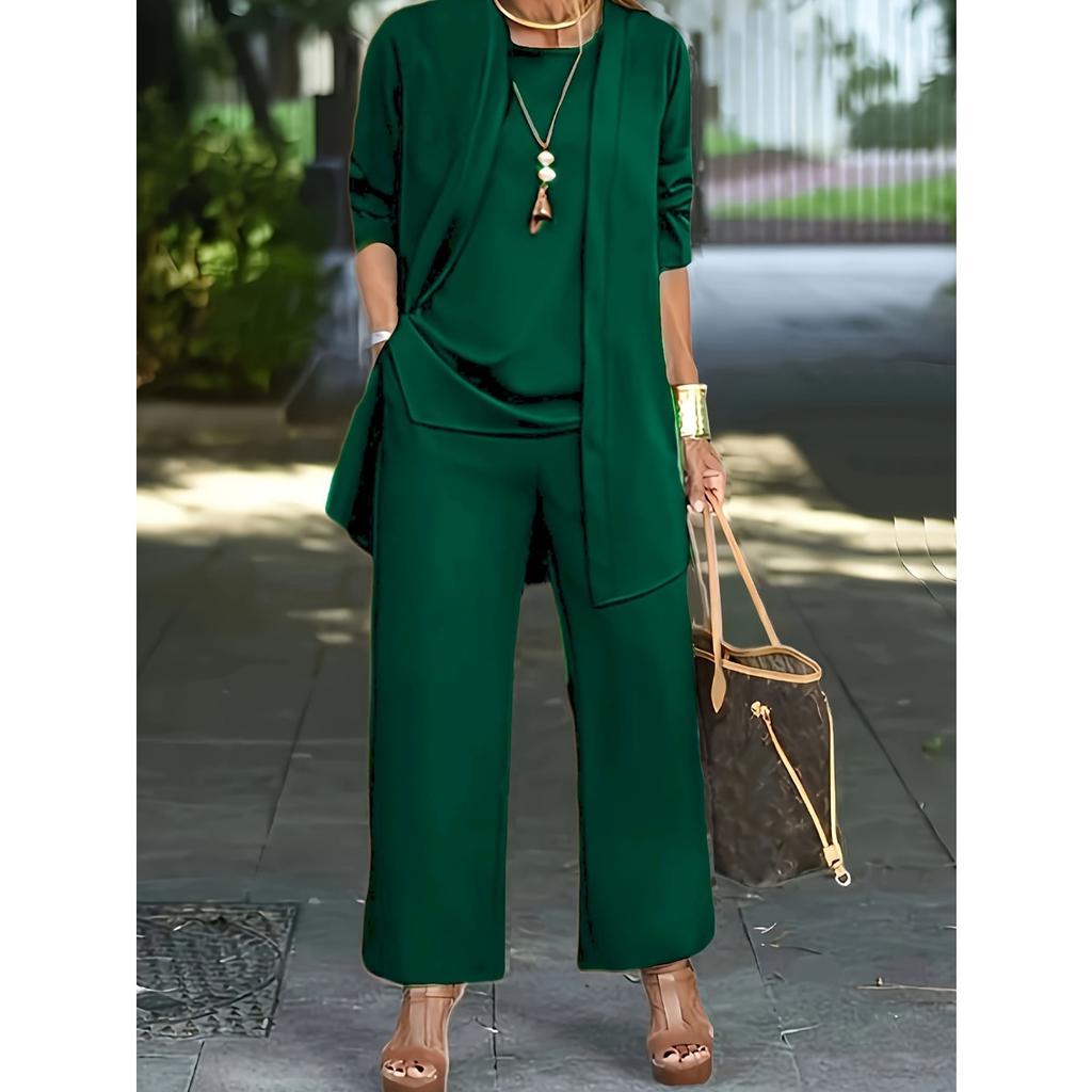 Dámská 3dílná sada, Tištěná kardiganová bunda a jednobarevné vnitřní ramínkové ležérní kalhoty, Denní sada