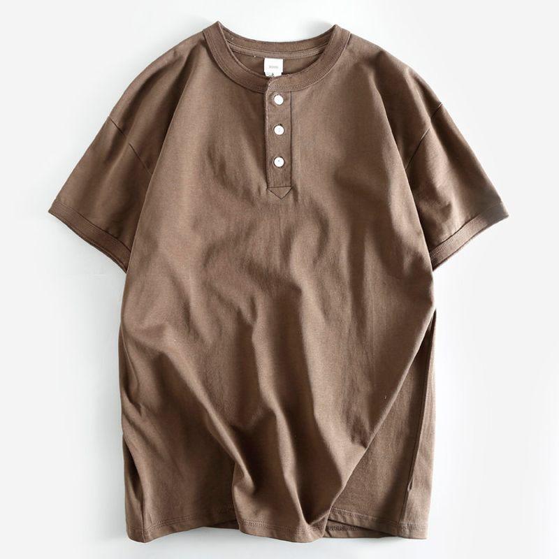 Export Short-Sleeved T-shirt Henry Collar Three-Button Summer Pure Cotton Men's Half Sleeve Wear Bottoming Shirt Tail Goods Cut Label T-shirt Fashion