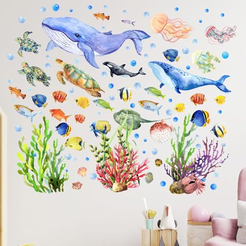 geneX Underwater Sea Creatures Wallpaper Stickers, Set of 4, Glow-in-the-Dark Wallpaper, Cute Turtle, Seaweed, Coral, and Fish, Underwater World Wall