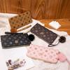 Portable Women Long Wallet Large Capacity PU Leather Zipper Coin Purse Long Clutch Bag Fluffy Ball and Printed Decoration