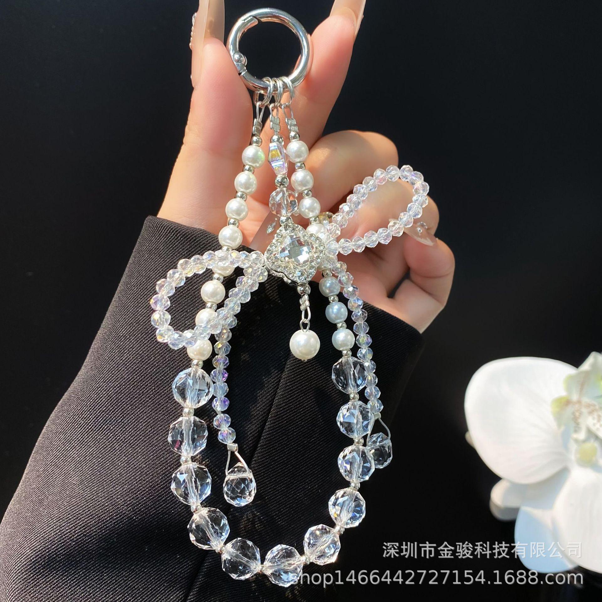 Phone Chain Crystal Beads Bowknot Four-Leaf Clover Zircon Hanging Chain Handmade Beaded Short Phone Chain Rope Spacer Wholesale White【Four-Leaf Clover