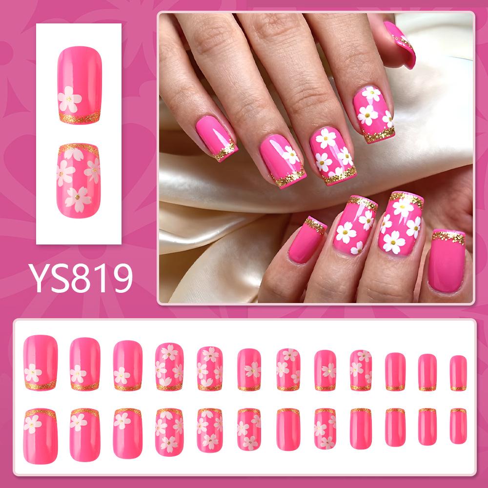 Spring Pastel Pink Floral Gold-Tipped Manicure - 24 Detachable Wearable Nails