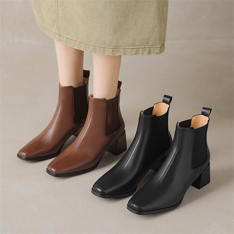 Fashion New Autumn Winter Cow Leather Women Boot Fashion Short Boots Square Toe Chunky Heel Boots for Women Large Size High Heels