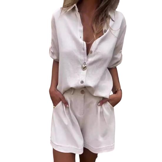 2 Teile/satz Hemd Hosen Anzug Einfarbig Kurze Ärmel Revers Kragen Bluse Hohe Taille Lose Knie Länge Shorts Set Casual