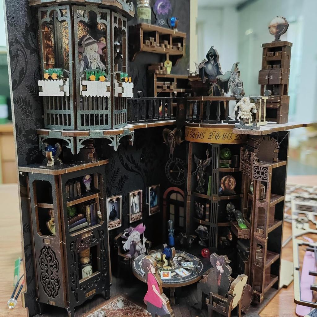 Book Nook Kit for DIY Miniature Dollhouse Bookshelf Decoration with Dustproof 3D Wooden Motion and LED Light Card Adults, Cover, Bookends, Puzzle,