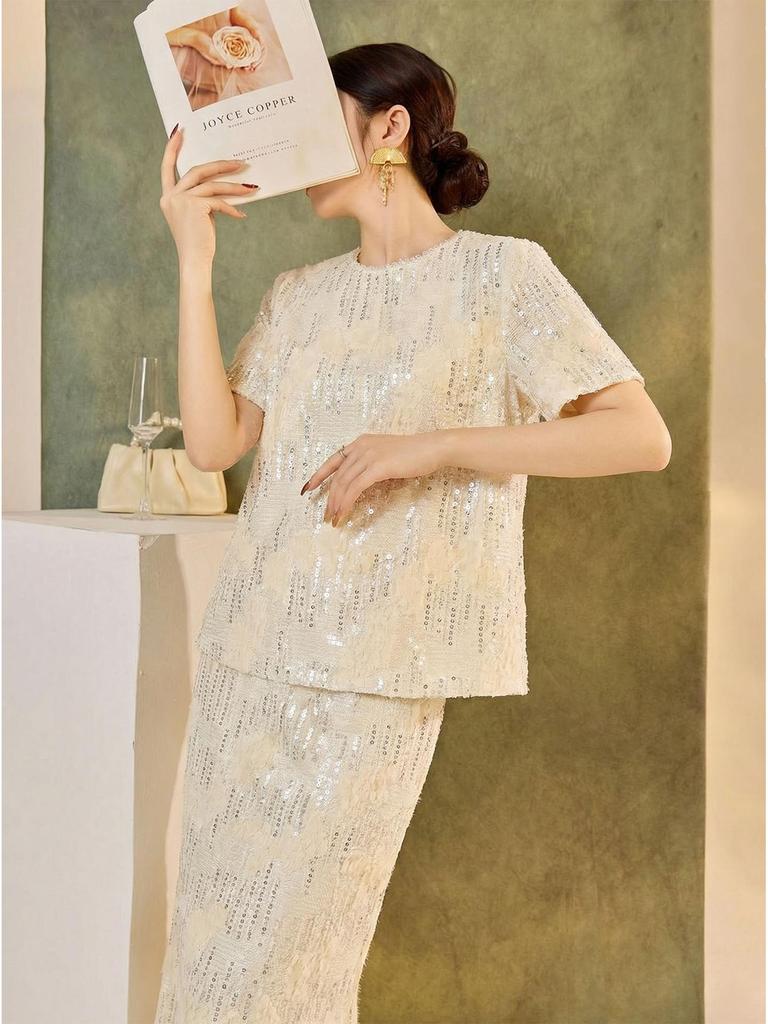Elegant Sequin Embellished Chinese-Style Women's Shirt and Skirt Set – Spring/Summer Collection