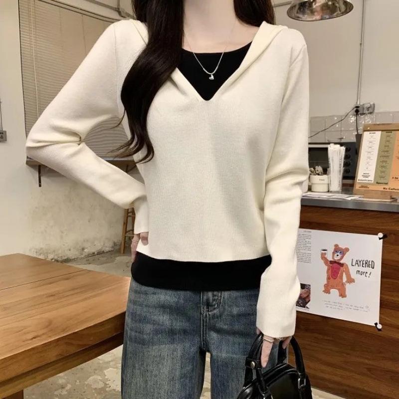 Korean Style Contrasting Color Stitching Fake Two-piece German Velvet Long-sleeved Hooded Women's Autumn Fashion Warm Inner Top
