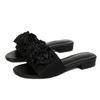 Mode spets blomma dekoration tofflor kvinnor låg klack tofflor sommarskor kvinna blommiga flip flops svart vit läder sandalias mujer