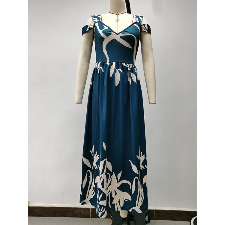 Summer V Neck Print Cold Shoulder High Slit Maxi Dress Elegant Long Evening Sexy Party Dress