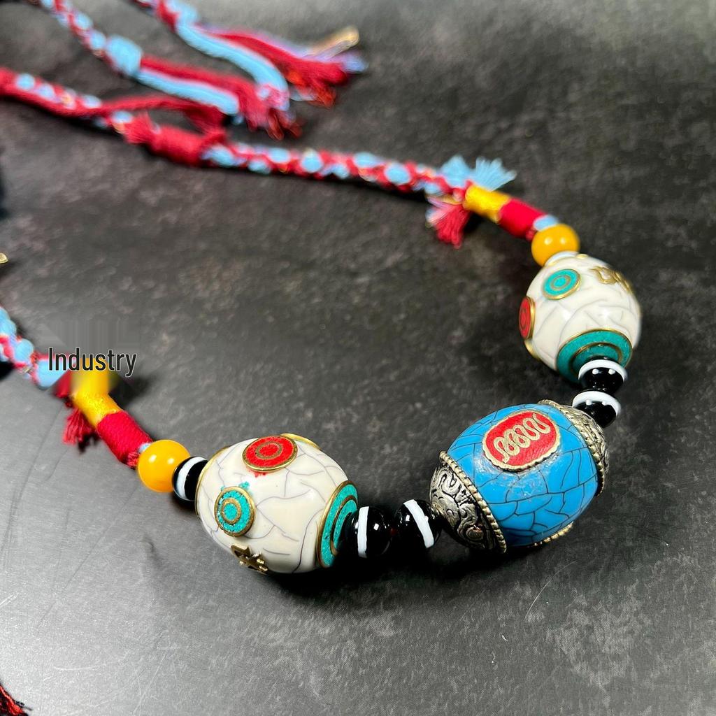 Tibetan Nepali Beads Necklace with Copper and Agate Dzi Hand-woven Sweater Chain