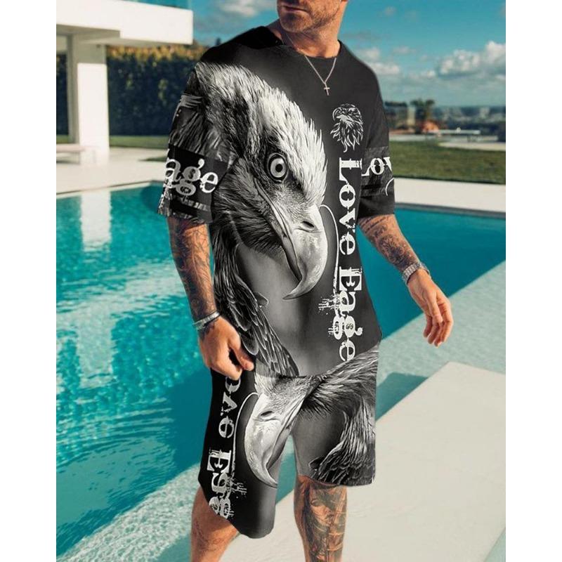 Costum de vară casual la modă pentru bărbați, cu imprimeu 3D cu animale, îmbrăcăminte sport cu mânecă scurtă, supradimensionat, cu gât rotund, șorturi, set de 2 piese
