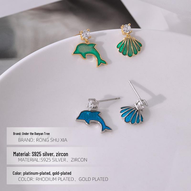 Asymmetric Ocean Shell & Dolphin Zircon Earrings - S925 Silver Glazed Drop Style for Women