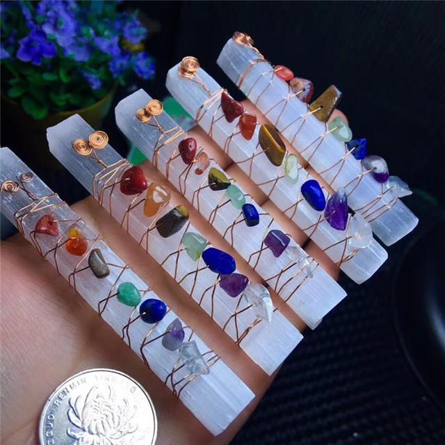 Donghai Healing Crystals Meditation Stones Beads Wire Wrapped Selenite Stick Reik Chakra Crystal Wand for Yoga Meditation Gifts