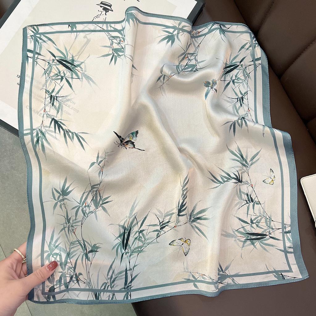 1116 New Chinese Style Bamboo Leaf Silk Silk Scarf Spring Neck Protection Small Scarf Versatile Simple Decoration Tie Hair Square Scarf