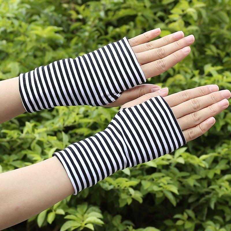 

Pure Cotton Half Finger Gloves Women s Spring and Summer Sun Protection Cover Back Scar Half Men s Thin Driving Stripes Open Finger Short Black and white stripes One size