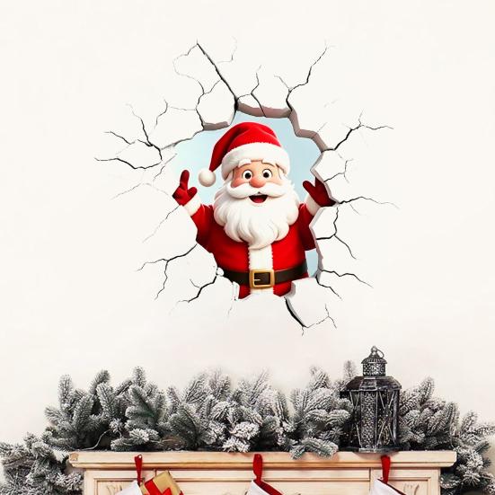 PVC Santa Wall Art for Balcony 3D Claus Sticker, Realistic Breaking Decal Christmas Holiday Decoration, Glass Clings Waterproof Indoor Outdoor Windows