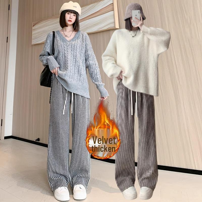 Petite Wool Blend Pinstripe High Waist Wide Leg Pants - Slimming, Loose Fit for Autumn/Winter