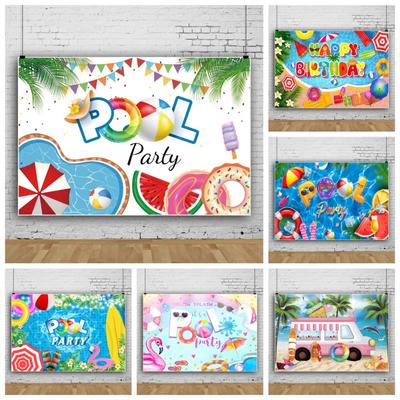 Summer Hawaiian Beach Swimming Party Backdrop, Ball Flamingo Balloon Birthday Festival Carnival Decoration Photography Backdrop