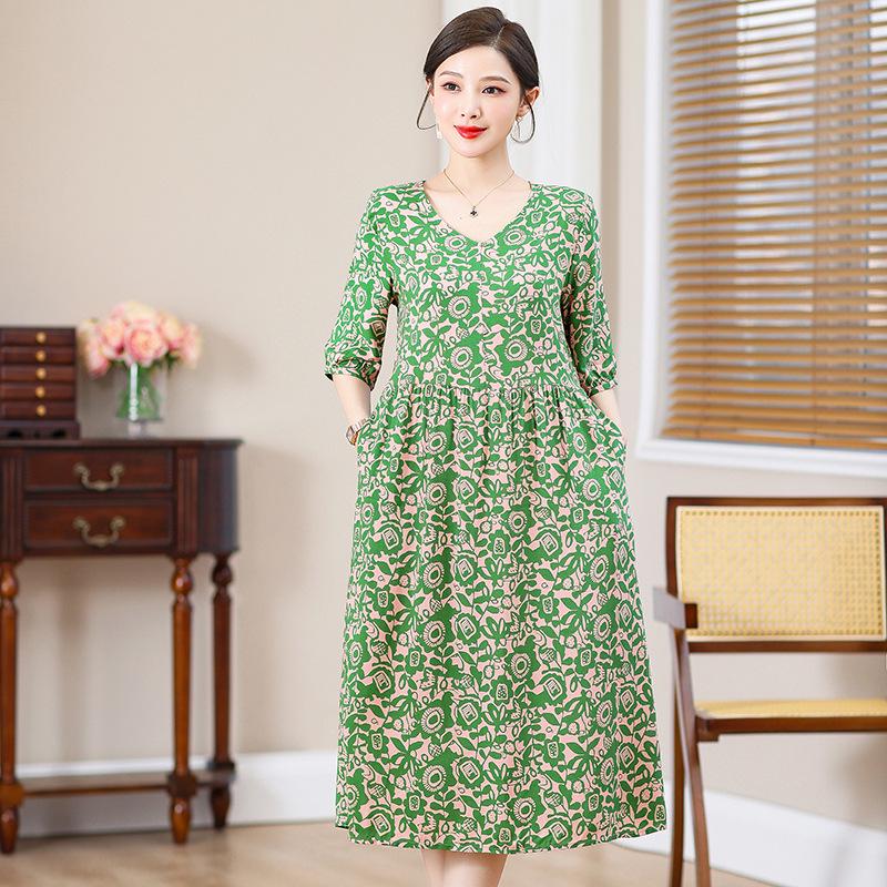 

2024 Korean Style Floral Cotton & Rayon Dress: Women s Mid-Length Summer Fashion 2XL