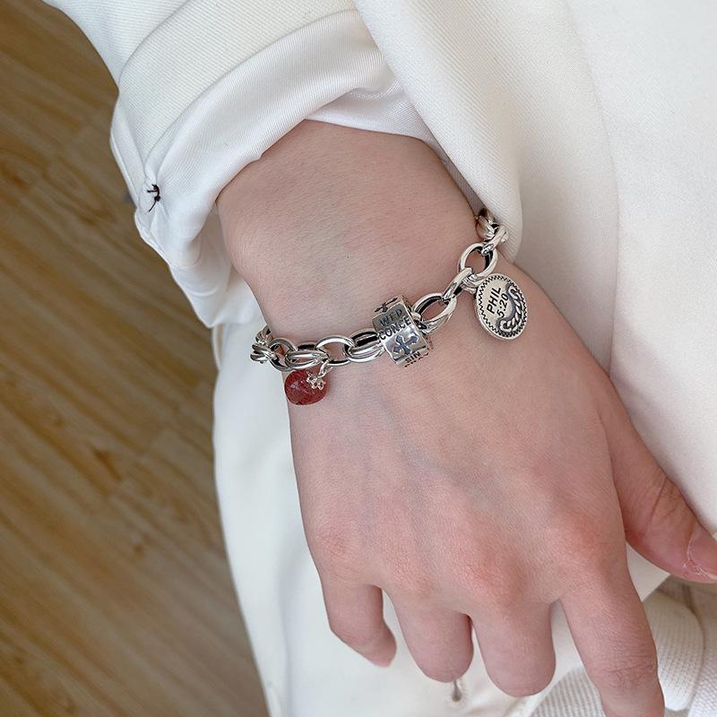 Korean Style Retro Strawberry Quartz & Letter Pendant Bracelet for Women