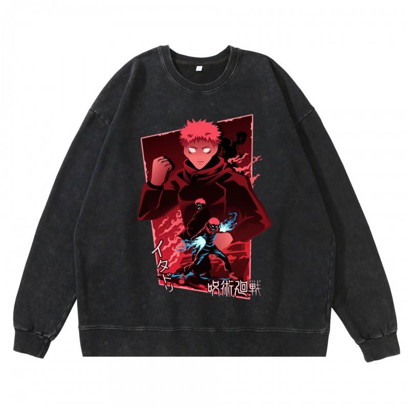 Dark Washed Vintage Anime Print Streetwear Hoodie Men - Retro Black Cotton Crewneck Sweatshirt Fall Casual Wear