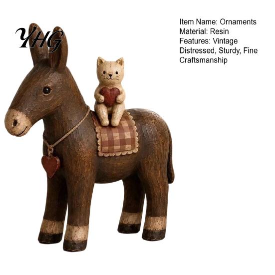 Living Room Tabletop Decor Rustic Donkey Resin Figurine, Farmhouse Style with Cat Distressed Sculptures Decoration, Vintage Country Animal Statue for