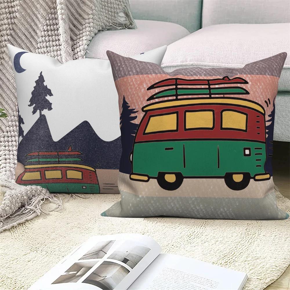 Decorative Cushion Covers Camping Bus Printed Pillow Home Sofa Throw