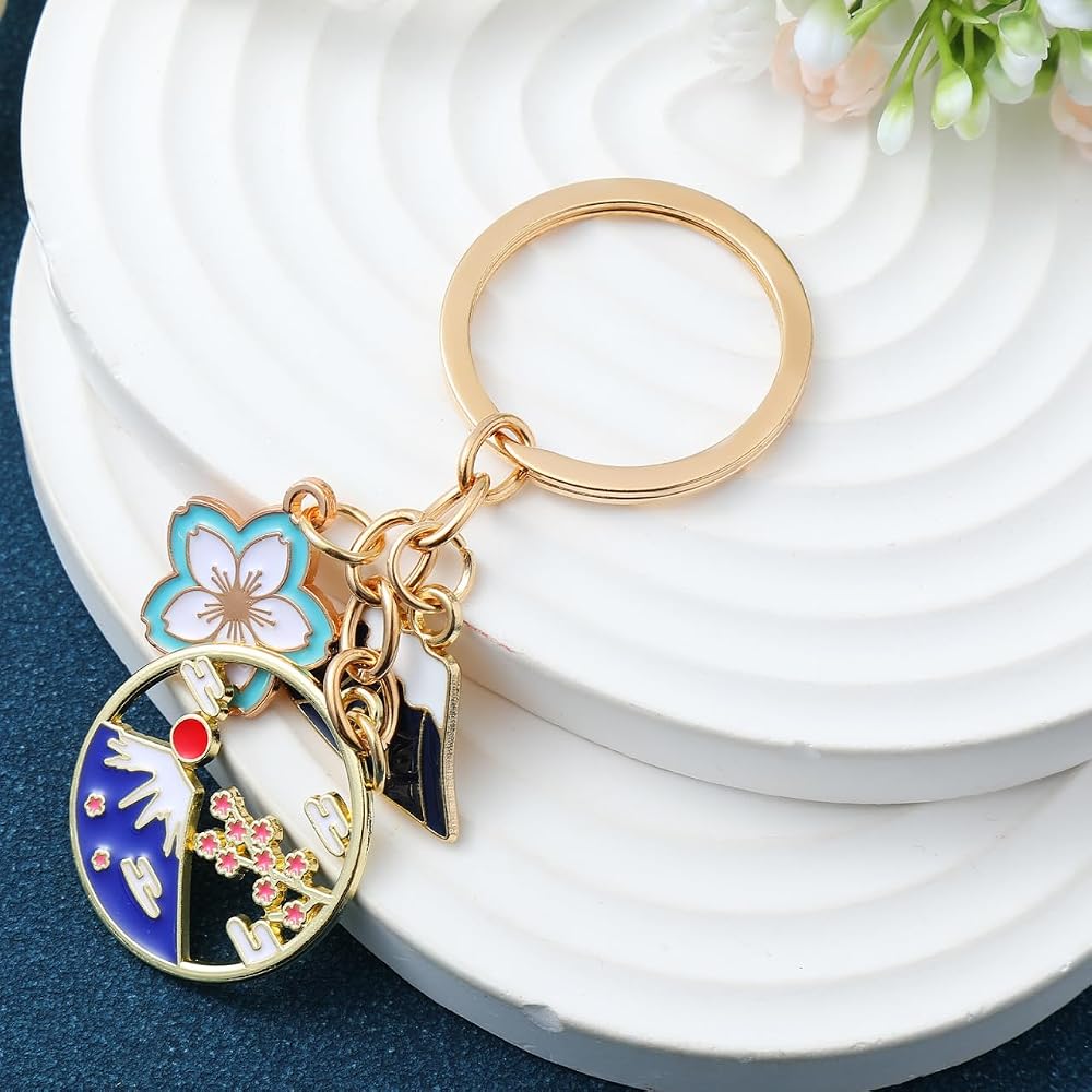 FOMIYES 5-Piece Mount Fuji Cherry Blossom Keychain Set for Car Accessories