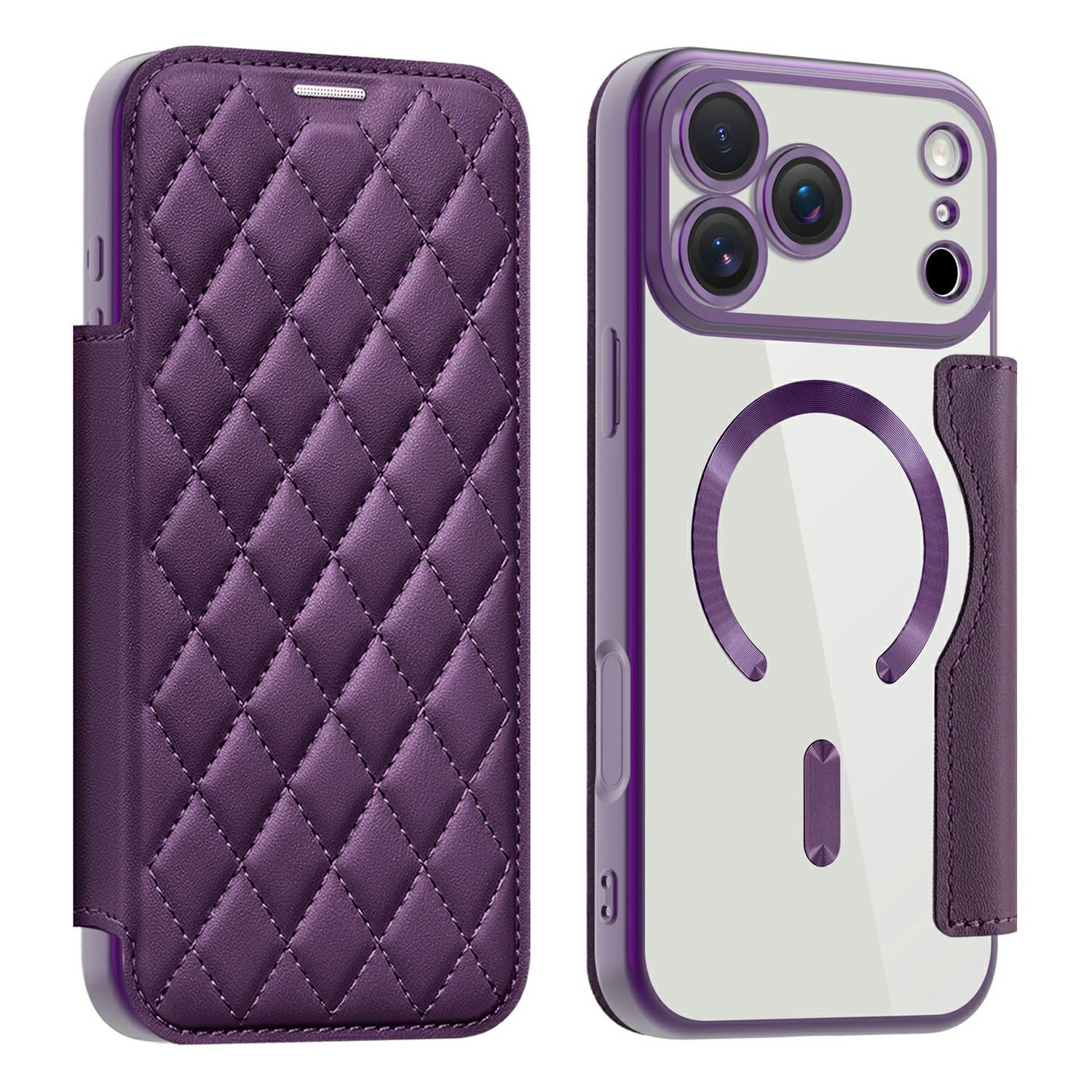 

For iPhone 17 Pro Case Compatible with MagSafe Rhombus PU Leather Phone Cover Dark Purple