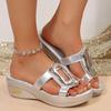Metal Decoration Wedge Slippers for Women Gold Silver Platform Sandals Woman Summer 2025 Comfort Thick Sole Beach Slides