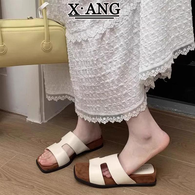 Sheepskin version of square head small slope slippers women's summer wear new models with skirts holiday wind beach cool slippers