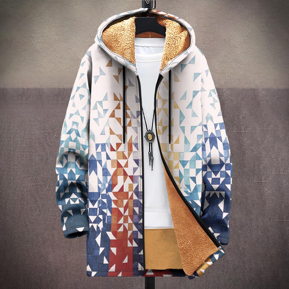 New Jacket: Multi-colored Pattern Elements, Zipper Hooded Cardigan, Thickened Winter Fleece Padded Clothes, Yellow Lining, Trendy Cotton Clothes