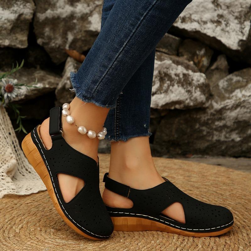 Women's Summer Breathable Hollow Velcro-Strap Wedge Peep-Toe Stitched Closed-Toe Sandals, Casual Comfort Footwear.