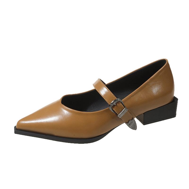 Fashion Fashion Versatile Coarse Heel Loafer Retro Pointed Mary Jane Leather Shoes Women British Black Korean Edition Zapatos De Mujer