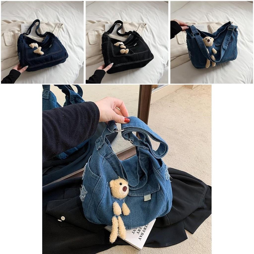 Adorable Korean Style Cartoon Denim Shoulder Bag For Students Casual Look In Blue