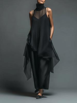 New Black High Neck Asymmetrical Black Chiffon Two Piece Set