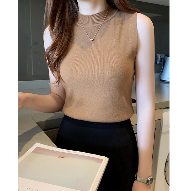 Vest women's spring and summer semi-turtleneck bottoming sweater sleeveless knitted top thickened inside with small suspenders outside