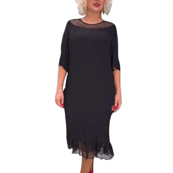 Women Dress Half Sleeve O Neck Double-layer Mesh Patchwork Ruffle Hem Plus