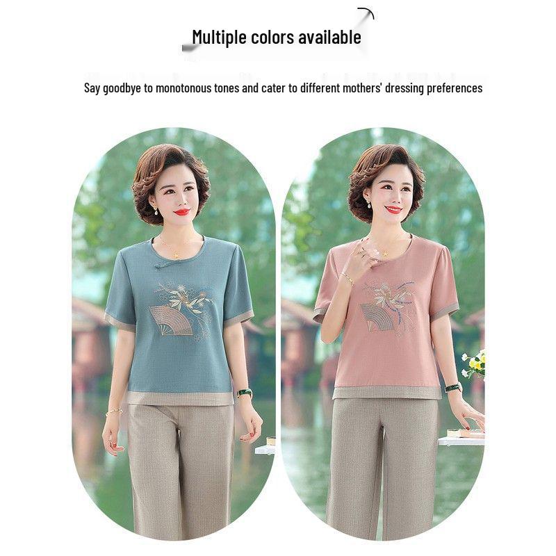 Mom's Summer Cotton Linen Two-Piece Set: Stylish Short-Sleeve T-Shirt for Middle-Aged and Elderly Women 2026