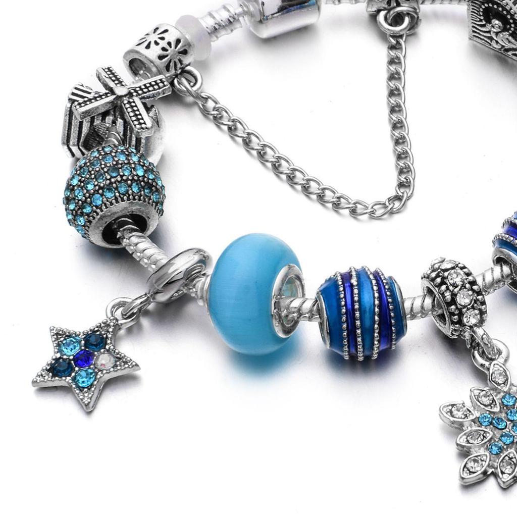 DIY Beaded Cat's Eye Stone Snowflake Bracelet, Pandora Style, Elegant Christmas Pendant Jewelry for Women