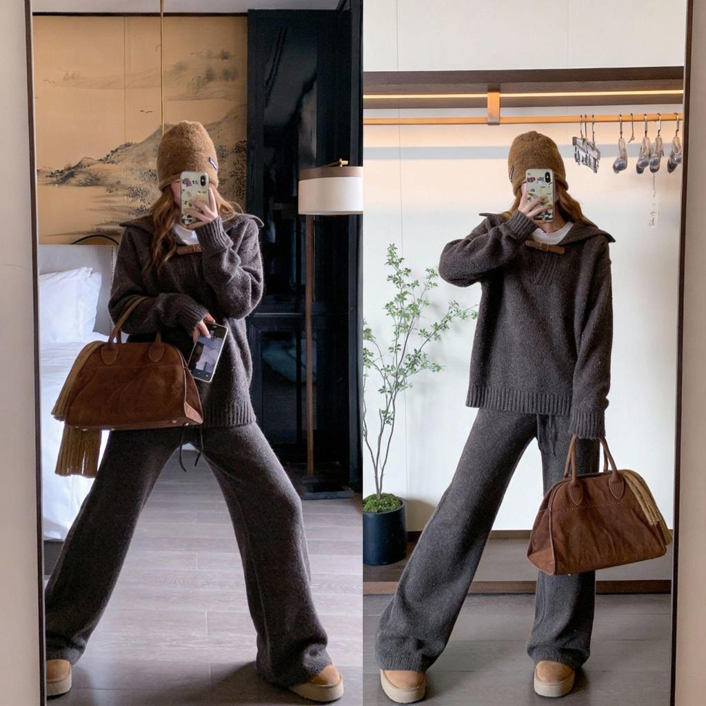 Womens' Coffee Loose-fit Knitwear Set: Stylish Winter Top & Wide-Leg Pants, Mature Style
