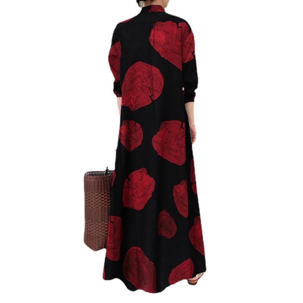 Women's Cotton and Linen Printed Long Sleeved Loose Dress