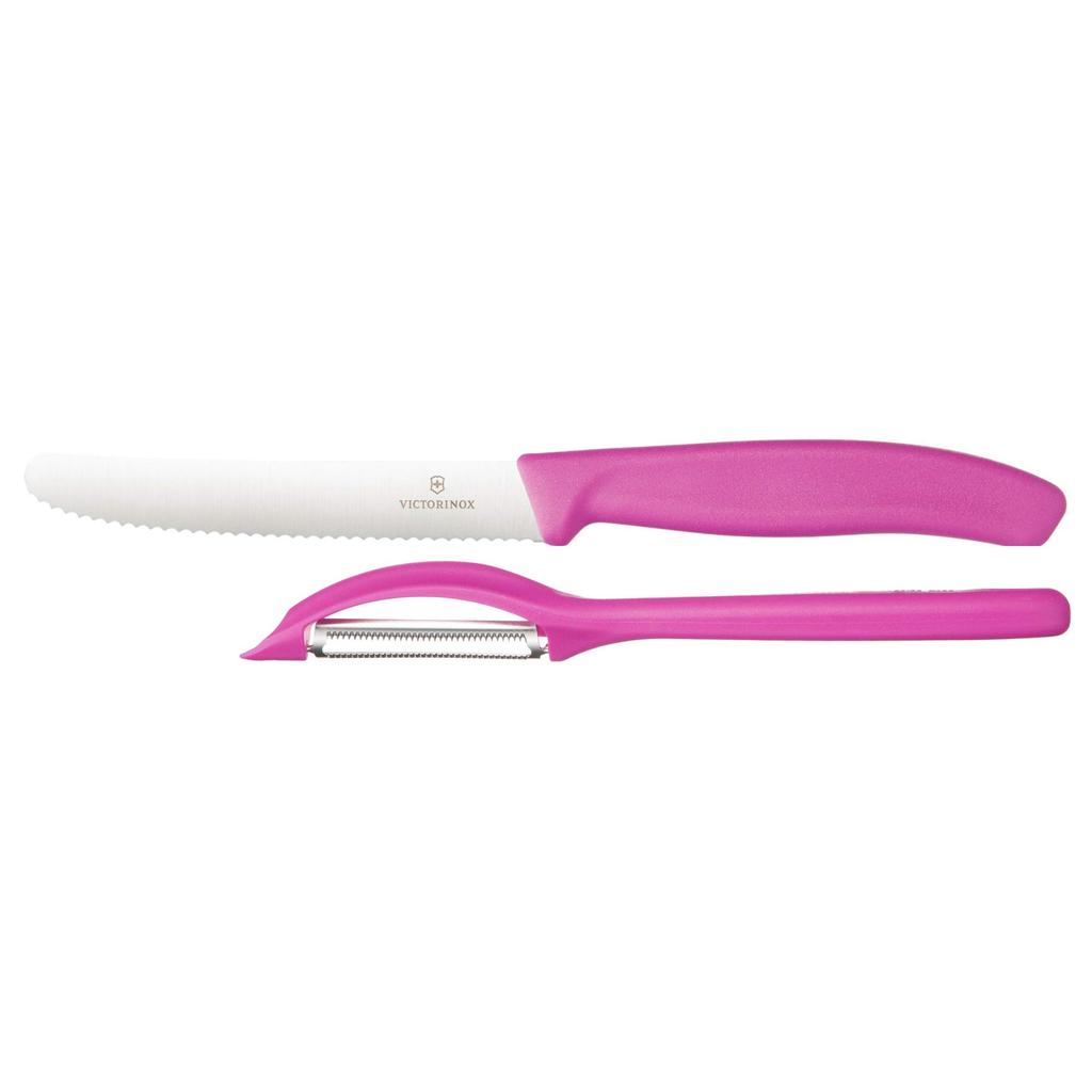 VICTORINOX Knife Peeler Petty Knife and Vertical Peeler Set of Colored Tool Set To Color Your Dishwasher Swiss Classic Set, 2, Pink, Kitchen, Safe,
