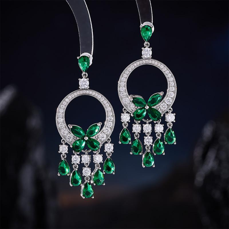 High-end Micro-inlaid Zircon Green Butterfly Fringed Heavy Industry Earrings French Light Luxury Dress Accessories