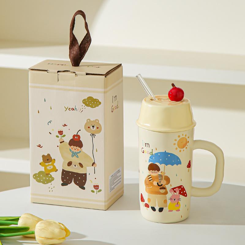 Boys and Girls Ceramic Cup with Lid Straw Couple Drinking Cup Mug Milk Breakfast Cup Souvenir