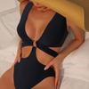 Sexy One-piece Swimwear V-Neck Sleeveless High Waist Monokini with Iron Ring Bandage Solid Color Quick Drying One-Piece Bikini