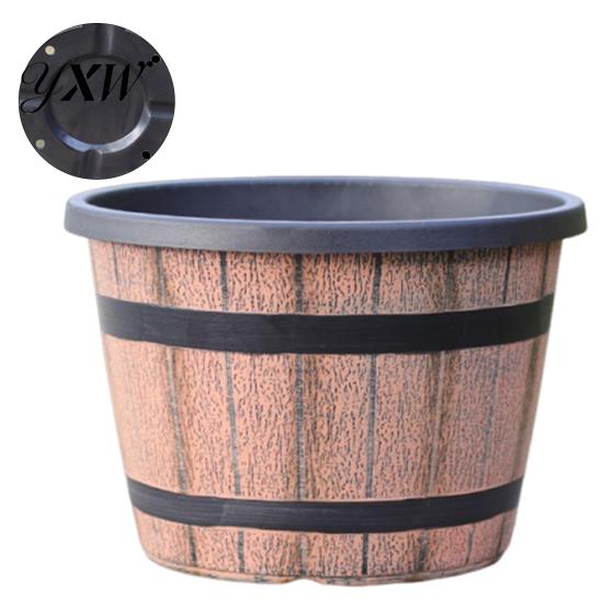 Large Plastic Flowerpot for Plants Rustic Barrel Style Plant Pots with Built-In Drainage Holes 8" Brown Plastic-Inspired Wood Finish Planter