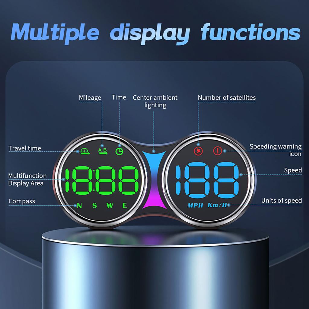 Car Heads Up Display, real time GPS speedometer with auto on off, dual unit km h MPH, time zone calibration, 3 overspeed alarm for all vehic