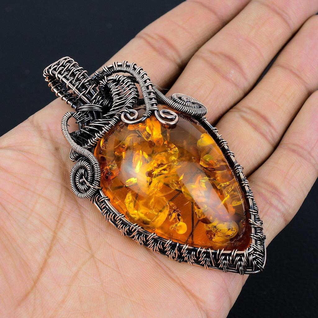 Baltic Amber Pendant, 999 Copper Wire Wrapped Gemstone Jewelry, Handmade Pendant For Mother Day