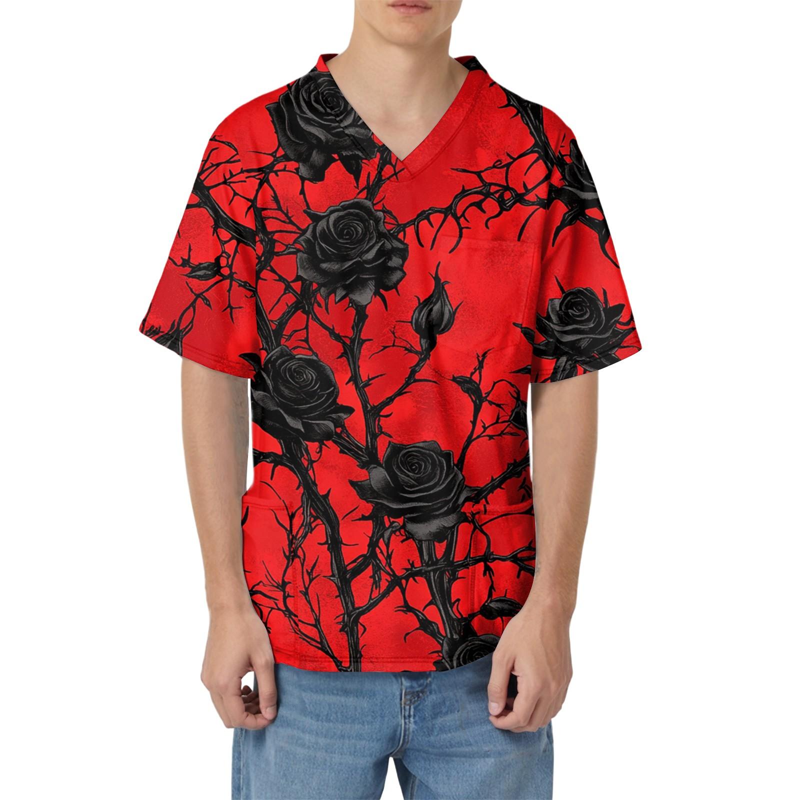 Мужская рабочая блузка с короткими рукавами и v-образным вырезом с принтом, топ с нагрудным карманом L чёрный